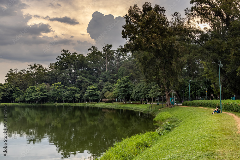 pessoa relaxando as margens dp lago do parque Ibirapuera. Novas restrições na cidade deixam o parque vazio. pessoa relaxando as margens dp lago do parque Ibirapuera. Novas restrições na cidade deixam o parque vazio.