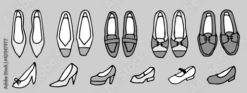 レディースシューズのイラストセット　白黒