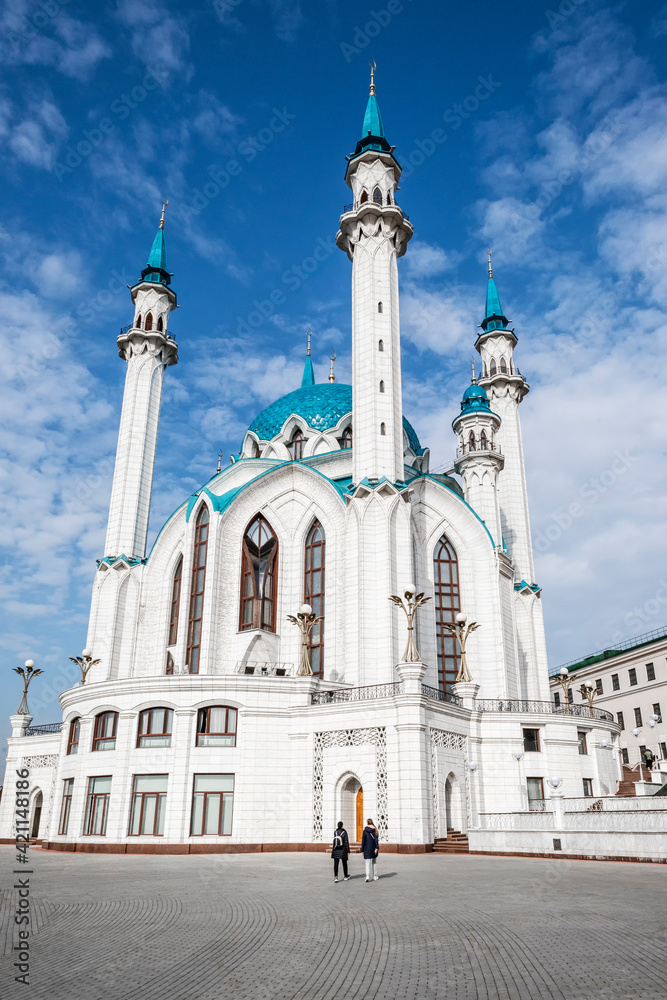 Kul Sharif Islamic Mosque in the Kazan Kremlin, an architectural view of the building and the square around.
