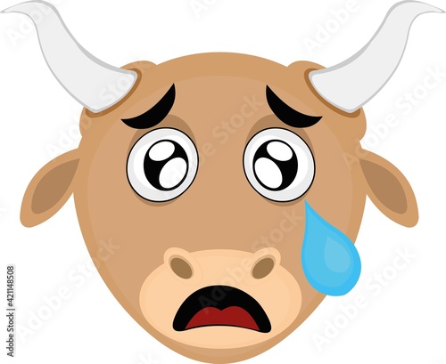 Vector emoticon illustration of a cartoon bull's head with a sad expression, a tearful look and a tear falling from one eye