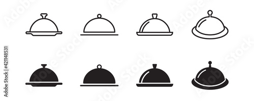 Covered food, tray dish, food tray, cloche, platter, salver icon set. Vector graphic illustration. Suitable for website design, logo, app, template, and ui. 