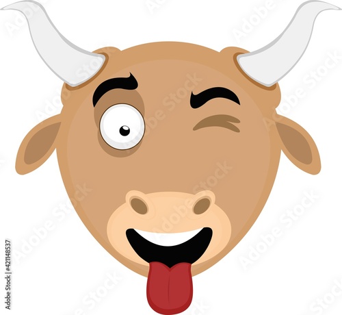 Vector emoticon illustration of a cartoon bull's head with a happy expression, sticking his tongue out and winking his eye