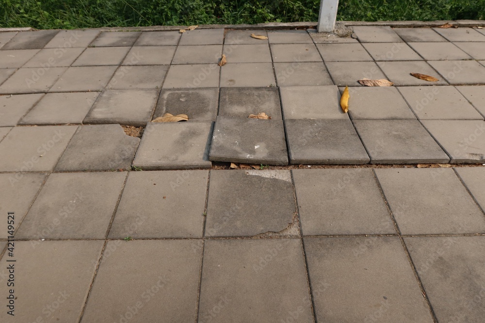 Fototapeta premium Top view, road surface, sidewalk, collapsed ground, empty space, footpath in urban area