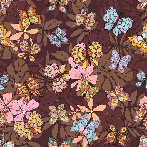 Beautiful butterflies on a tropical backround. Seamless pattern. Pastel colors. Collection of isolated flat cartoon vector illustrations.
