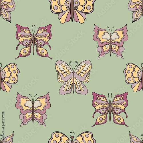 Beautiful butterflies. Seamless pattern. Pastel colors. Collection of isolated flat cartoon vector illustrations.