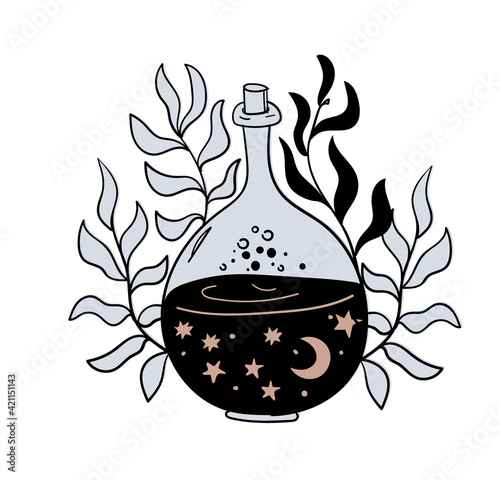 A vase with a magic drink, a bottle of love potion from the moon and stars with flowers and plants. Vintage boho tattoo, symbol for tarot and astrology. Vector illustration of witchcraft.
