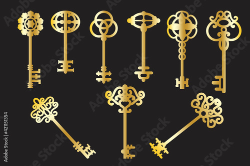 Golden keys. Padlock icon. Protection icon. Vintage vector illustration. Stock image. EPS 10.