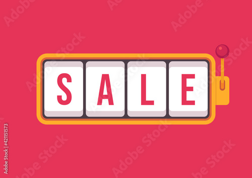 Sale in slot machine games banner. Gambling casino games, slot machine vector with text Sale.