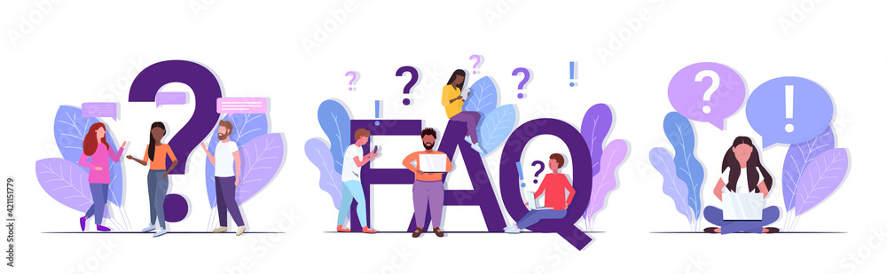Fototapeta premium set mix race people with question exclamation marks using digital devices online support center frequently asked questions FAQ concepts collection full length horizontal