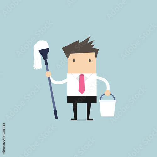 Businessman holding mop and bucket. Cleaning the workplace concept.