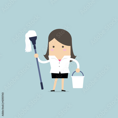 Businesswoman holding mop and bucket. Cleaning the workplace concept.