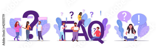 set mix race people with question exclamation marks using digital devices online support center frequently asked questions FAQ concepts collection full length horizontal