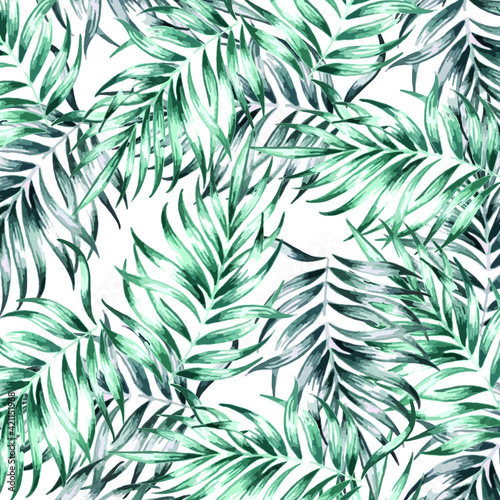 Tropical orchid flowers, palm leaves, vector seamless pattern. Jungle foliage illustration. Exotic plants. Summer beach floral design. 