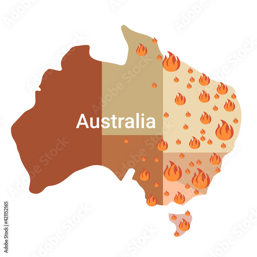 map of Australia with fire symbols bushfires seasonal wildfires global warming natural disaster concept orange flames icons flat