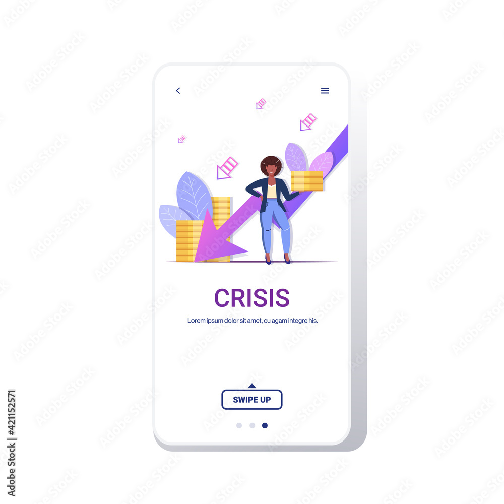 sad businesswoman holding money coins falling down arrow financial crisis bankruptcy concept downward chart full length smatphone screen mobile app copy space sad businesswoman holding money coins falling down arrow financial crisis bankruptcy concept downward chart full length smatphone screen mobile app copy space