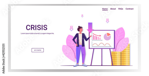 businesswoman presenting economic arrow falling down on flipchart financial crisis bankruptcy concept horizontal full length