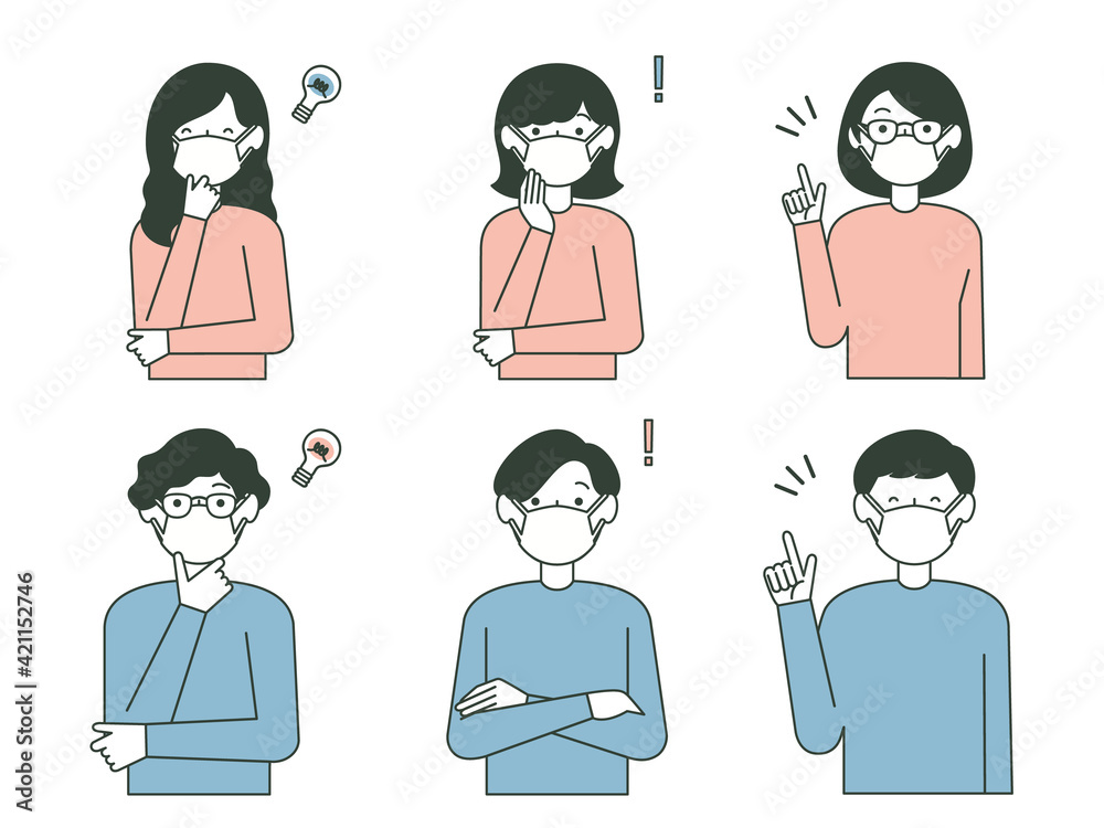 マスクをした若い男性・女性のセットイラスト(安心・解決) マスクをした若い男性・女性のセットイラスト(安心・解決)