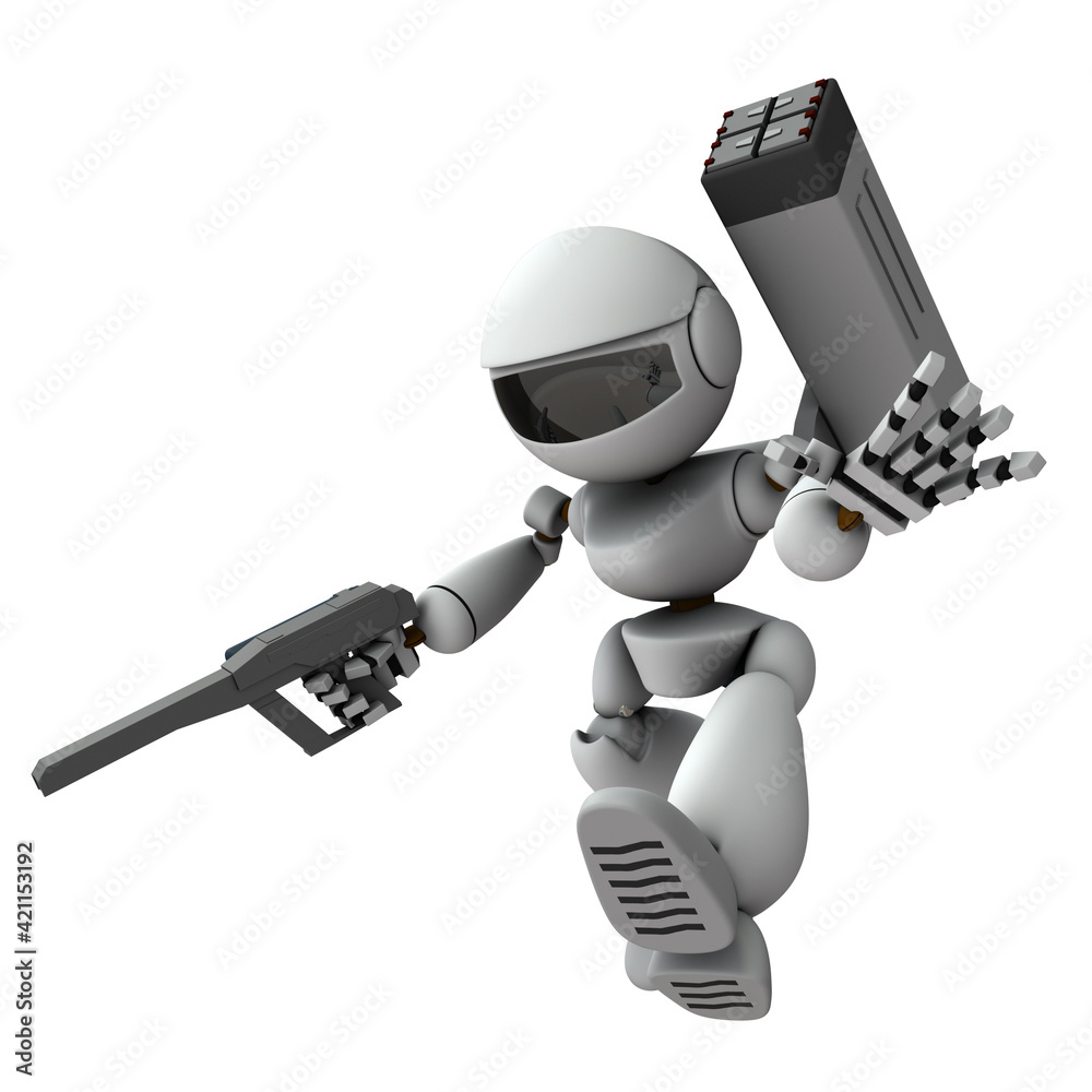 Naklejka premium 急降下して侵攻する人工知能のロボット兵。3Dレンダリング。