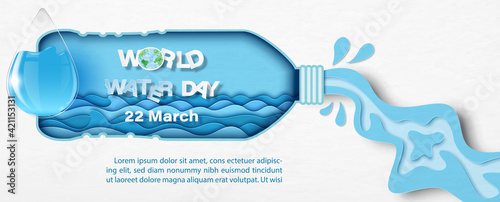 Water droplet in glass style with the day and name of event on water and bottle shape isolate on white paper pattern background. World water day's poster campaign in paper cut style and vector design.