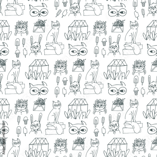 Wallpaper Mural drawing, seamless, background, animal, child, pattern, cute, head, design, vector, funny, wallpaper, cartoon, portrait, illustration, trend, character, friend, drawn, decoration, image, kind, textile, Torontodigital.ca