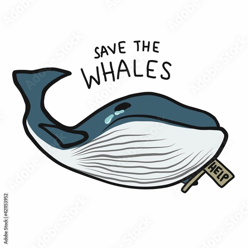 Save the whales, Whales crying for help cartoon vector illustration