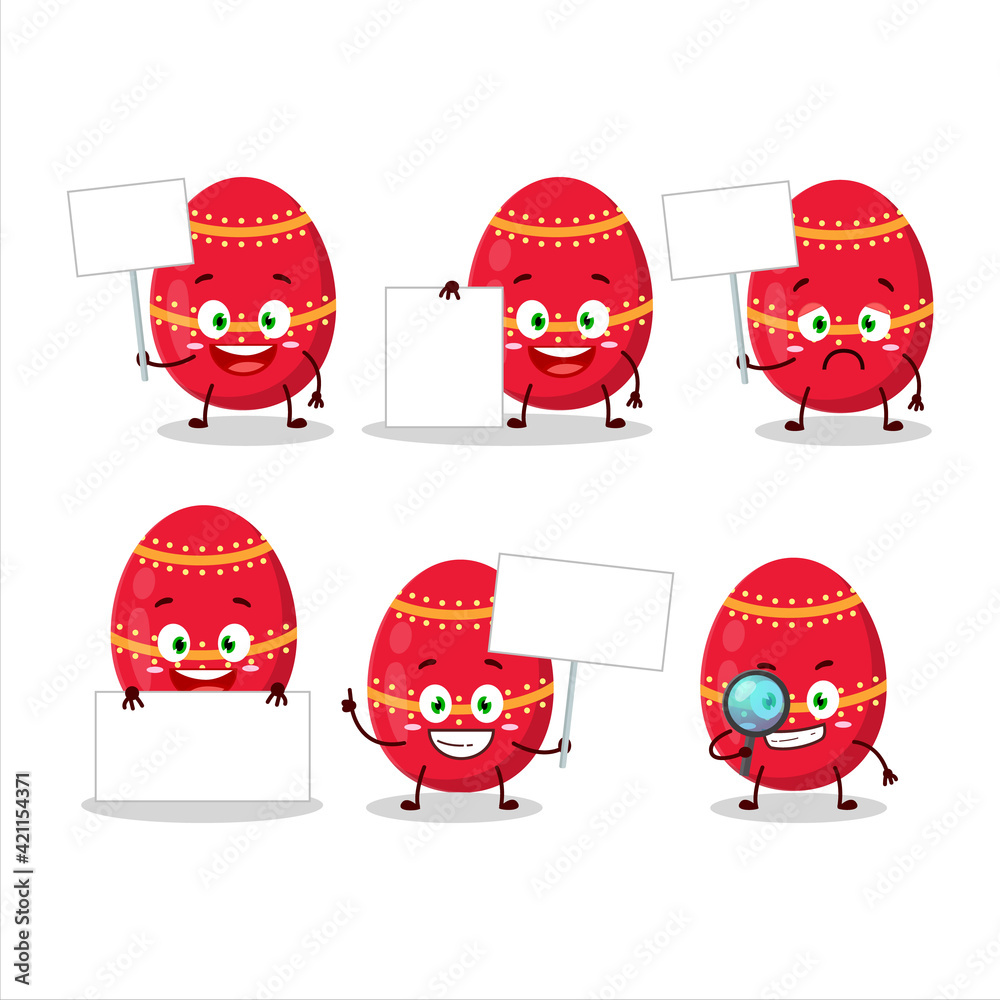 Red easter egg cartoon character bring information board