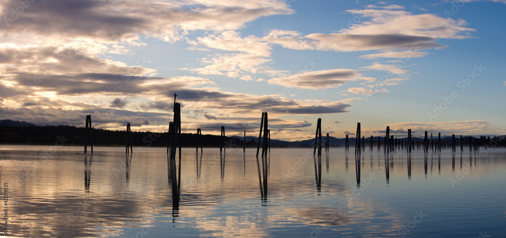 A panoramic photo of wood pilings in the Pend Oreille RIver in October in Cusick, Washington. A panoramic photo of wood pilings in the Pend Oreille RIver in October in Cusick, Washington.