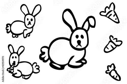 Simple Doodle Vector hand draw Sketch 3 rabbit carrot  Isolated on white