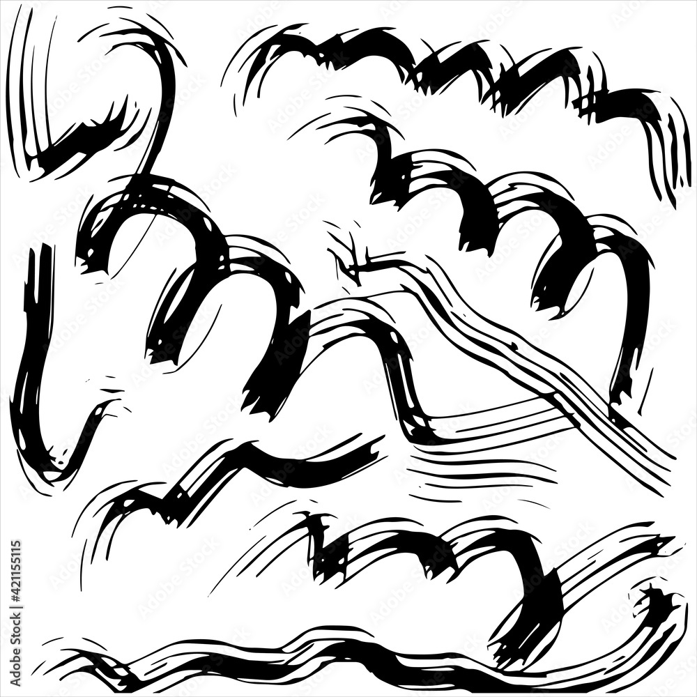 Black paint brush strokes vector seamless pattern. Hand drawn curved and wavy lines with grunge circles. brush scribbles decorative texture. Messy doodles, bold curvy lines illustration.