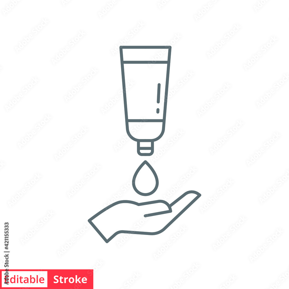 Hand applying lotion cream line icon. Simple outline style. Balm, skin care, pictogram, beauty symbol concept graphic design. Vector illustration isolated on white background. Editable stroke EPS 10. Hand applying lotion cream line icon. Simple outline style. Balm, skin care, pictogram, beauty symbol concept graphic design. Vector illustration isolated on white background. Editable stroke EPS 10.