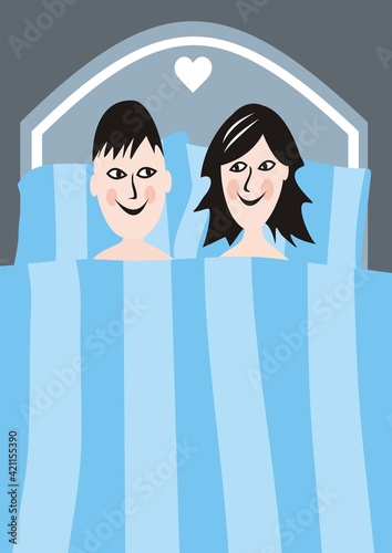 Lovers in bed, vector funny illustration, Valentine's day