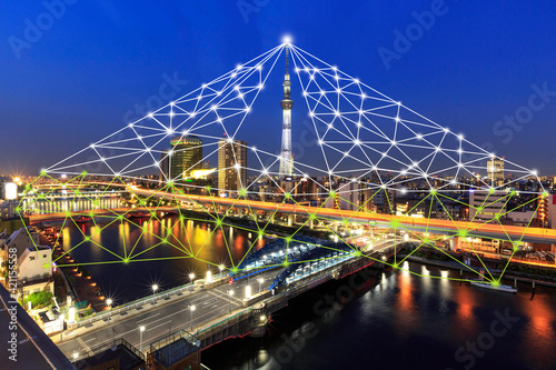 5G and 6G network digital hologram and internet of things on city background.5G and 6G network wireless systems.