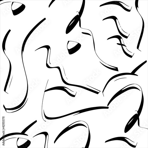 Black paint brush strokes vector seamless pattern. Hand drawn curved and wavy lines with grunge circles. brush scribbles decorative texture. Messy doodles, bold curvy lines illustration.