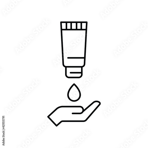 Hand applying lotion cream line icon. Simple outline style. Balm, skin care, pictogram, beauty symbol concept graphic design. Vector illustration isolated on white background. EPS 10.