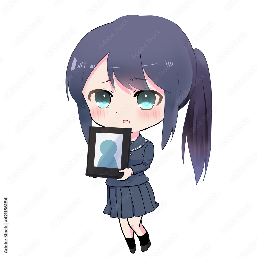 イラスト素材 遺影を持つ悲しそうな表情の学生服の女の子 Stock Illustration Adobe Stock