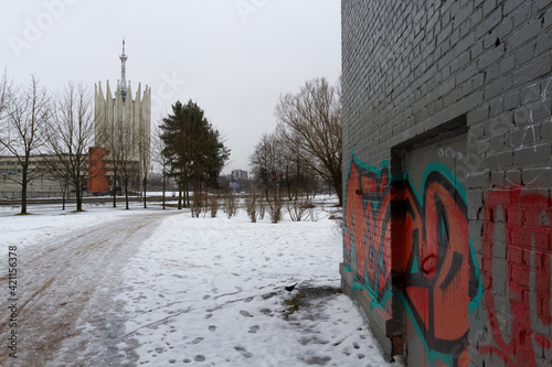 Saint-Petersburg, Russia - March 17, 2021: View of the Laboratory tower, Scientific Center for Robotics and Technical Cybernetics. Spring in the Russian city of St. Petersburg, residential district.