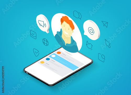 Social media technologies concept. Man speaking via modern gadget