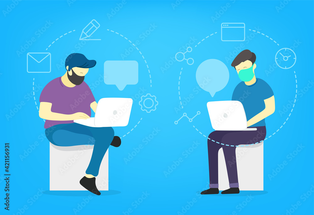 Young men team work via internet. Flat style vector illustration Young men team work via internet. Flat style vector illustration