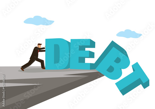 Businessman pushing his debt down the cliff.