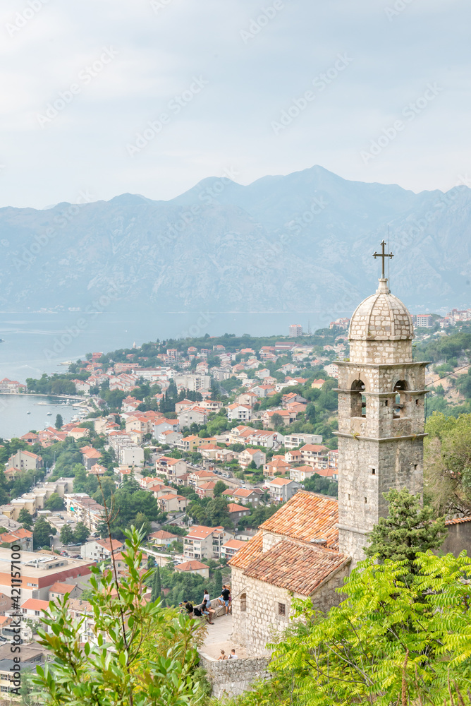 Church of Our Lady of Remedy with Old Town in the background, Kotor, Montenegro.