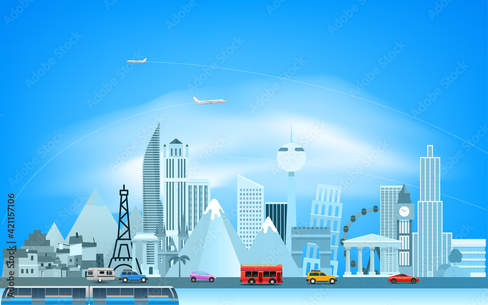 Obraz premium Around the world concept with road traffic and modern city