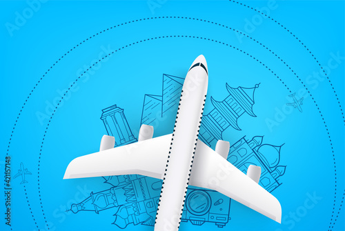 Airplane model with doodling elements. Vacation concept