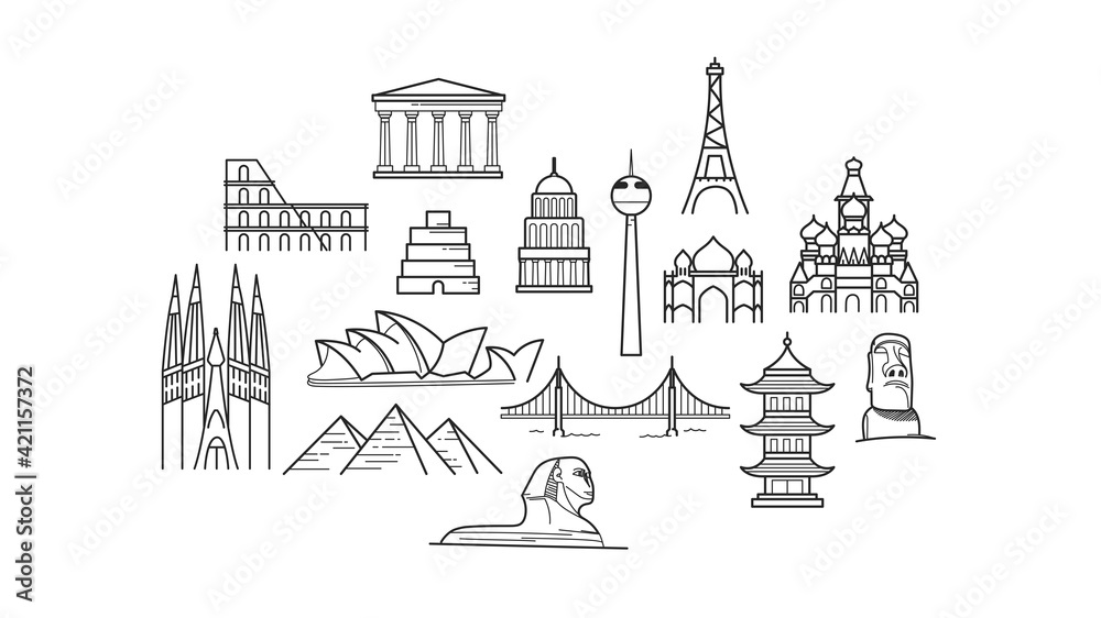 Famous world architecture sights isolated on white background