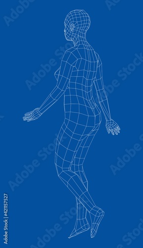 Wireframe walking woman. Vector