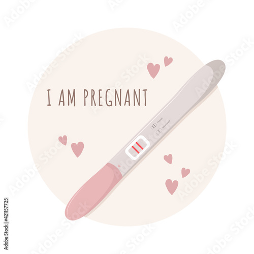 Positive pregnancy test. I am pregnant. Planning baby and motherhood. Healthcare concept. Vector illustration in flat cartoon style.