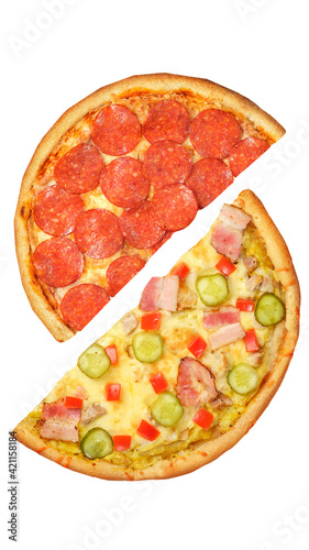 Pizza, two halves isolated on a white background. Versus concept. Appetizing pizza.
