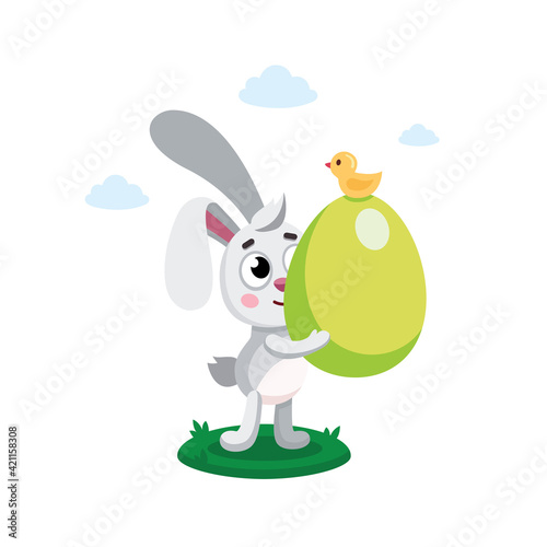 Vector flat kid s illustration of easter rabbit  bunny  hare holding painted egg. Easter character  mascot. Easter illustration  postcard  banner  poster  sticker