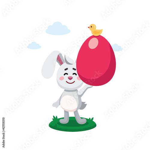 Vector cartoon doodle flat kid's illustration of easter rabbit, bunny, hare holding painted egg with bird on it. Easter character, mascot. Easter illustration, postcard, banner, poster, sticker
