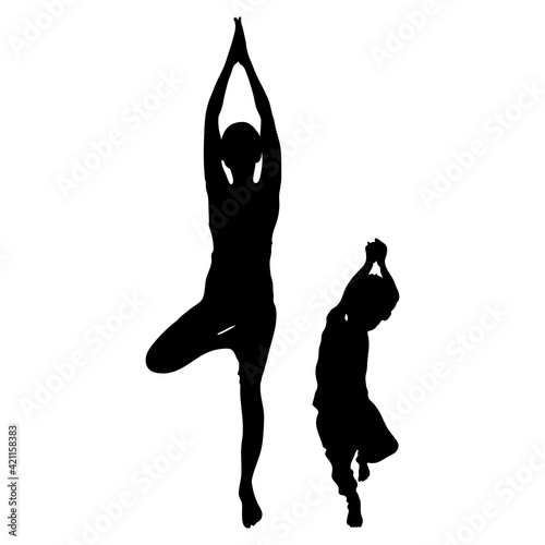 Vrikshasana asana, tree pose in yoga . Vector female and child silhouette isolated on white background. Mom and son are doing yoga. The girl stands on one leg, arms extended upward above her head.