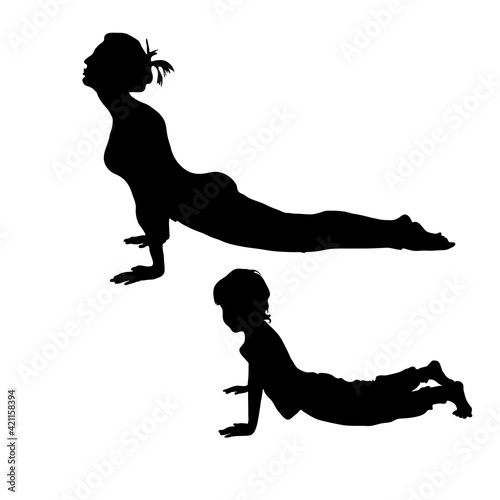 Upward facing dog pose. Urdhva mukha svanasana yoga. Vector silhouette woman and child isolated white background. Mom and son doing yoga. The girl lies on her stomach with her back bent in lower back